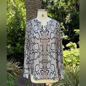 CAbi Snake Print Long Sleeve Blouse in Black, White, Tan